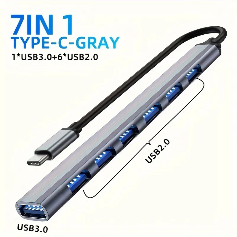 USB C Hub USB Hub 3.0, Aluminum 7 in 1 USB Extender, USB Splitter with USB 3.0, 4 X USB 2.0 and 2 USB C Ports USB Distributor - 图片 5